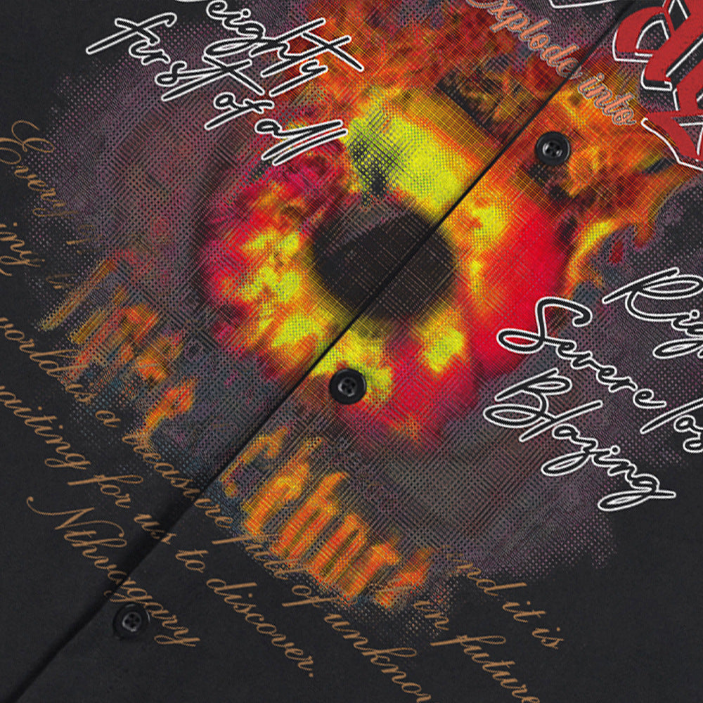 Gothic letter fireball printed short-sleeve shirt by eprolo, black with fiery yellow-red graphic.