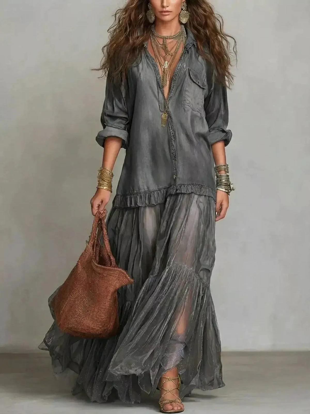 Full Size Tiered Long-Sleeve Denim Shirt Maxi Dress, plus size, in washed gray