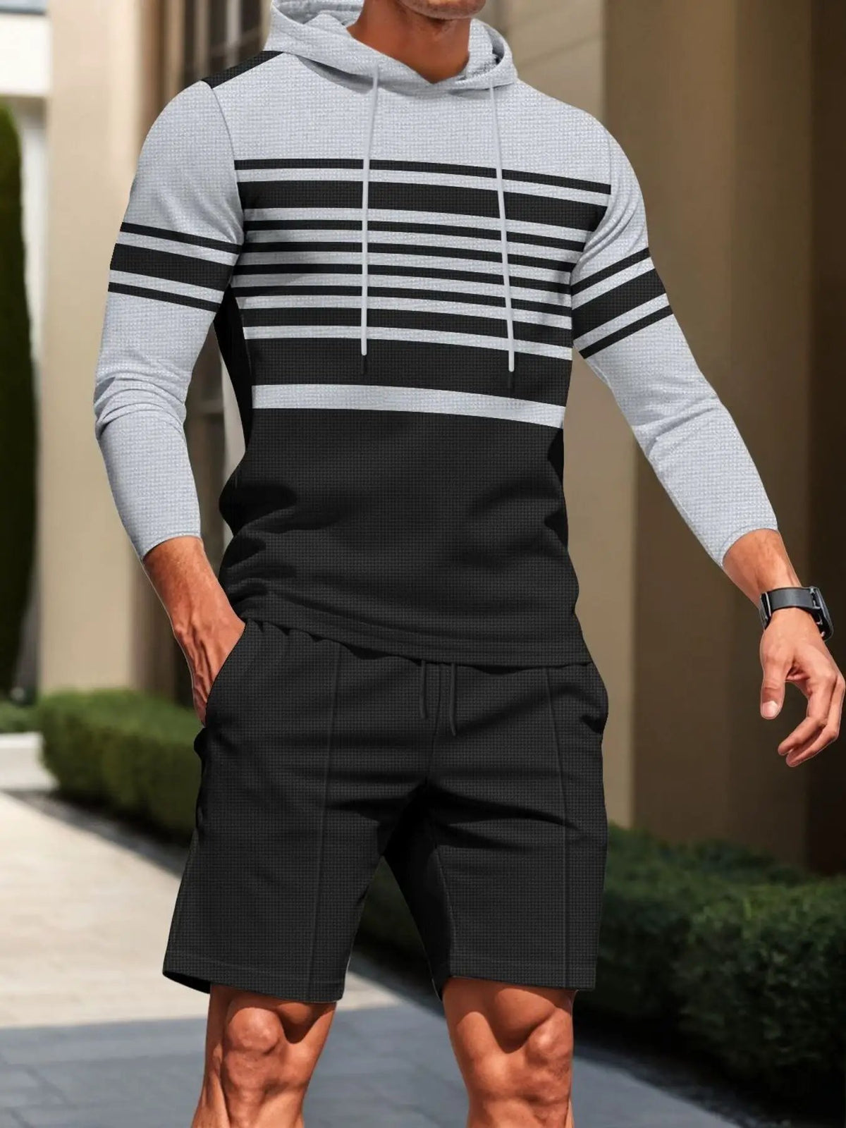 Men's striped hoodie and shorts two-piece plus-size loungewear set in gray and black by Trendsi