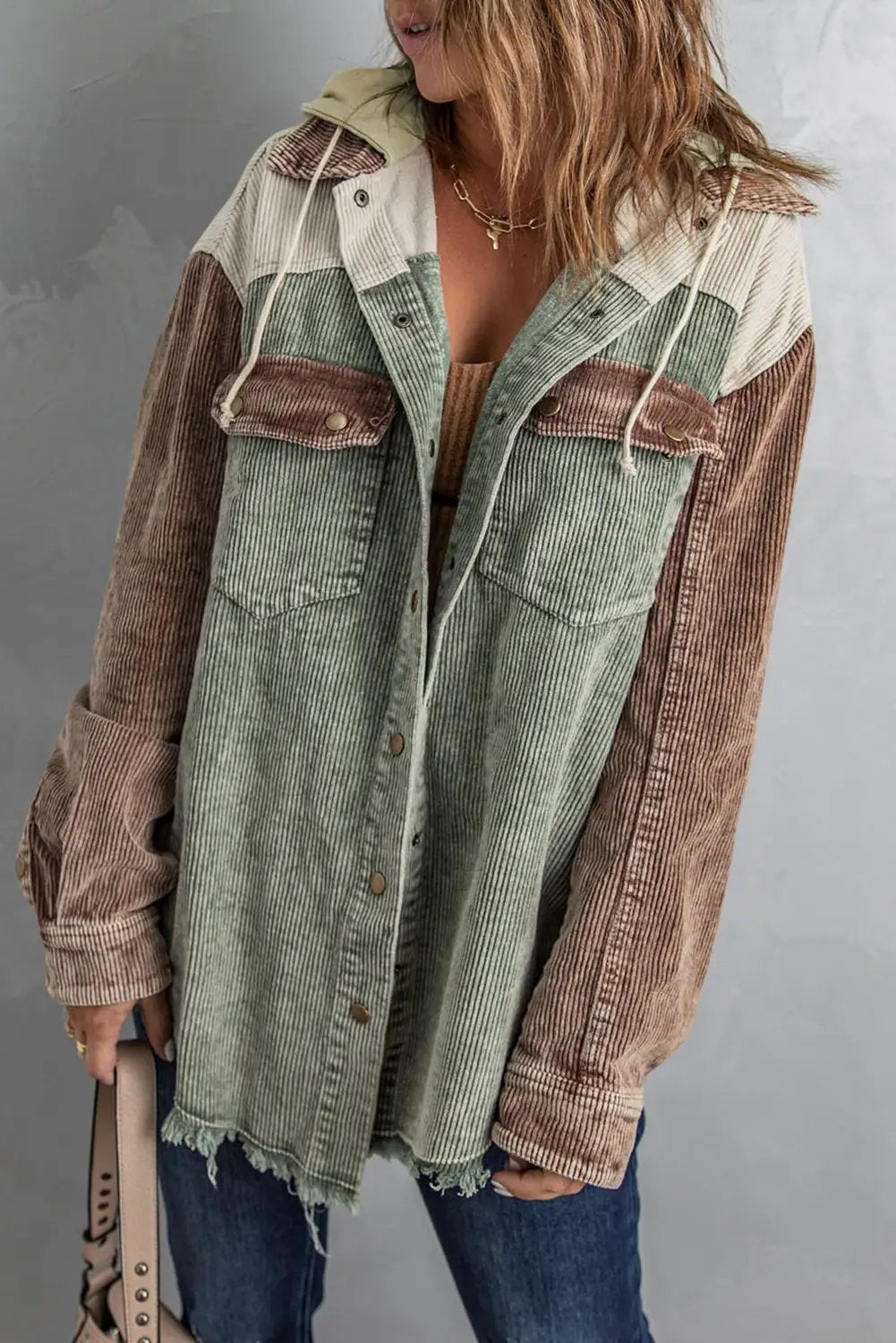 Snap Front Hooded Corduroy Shacket by Trendsi in color-block green/brown/cream with chest pockets and drawstring hood