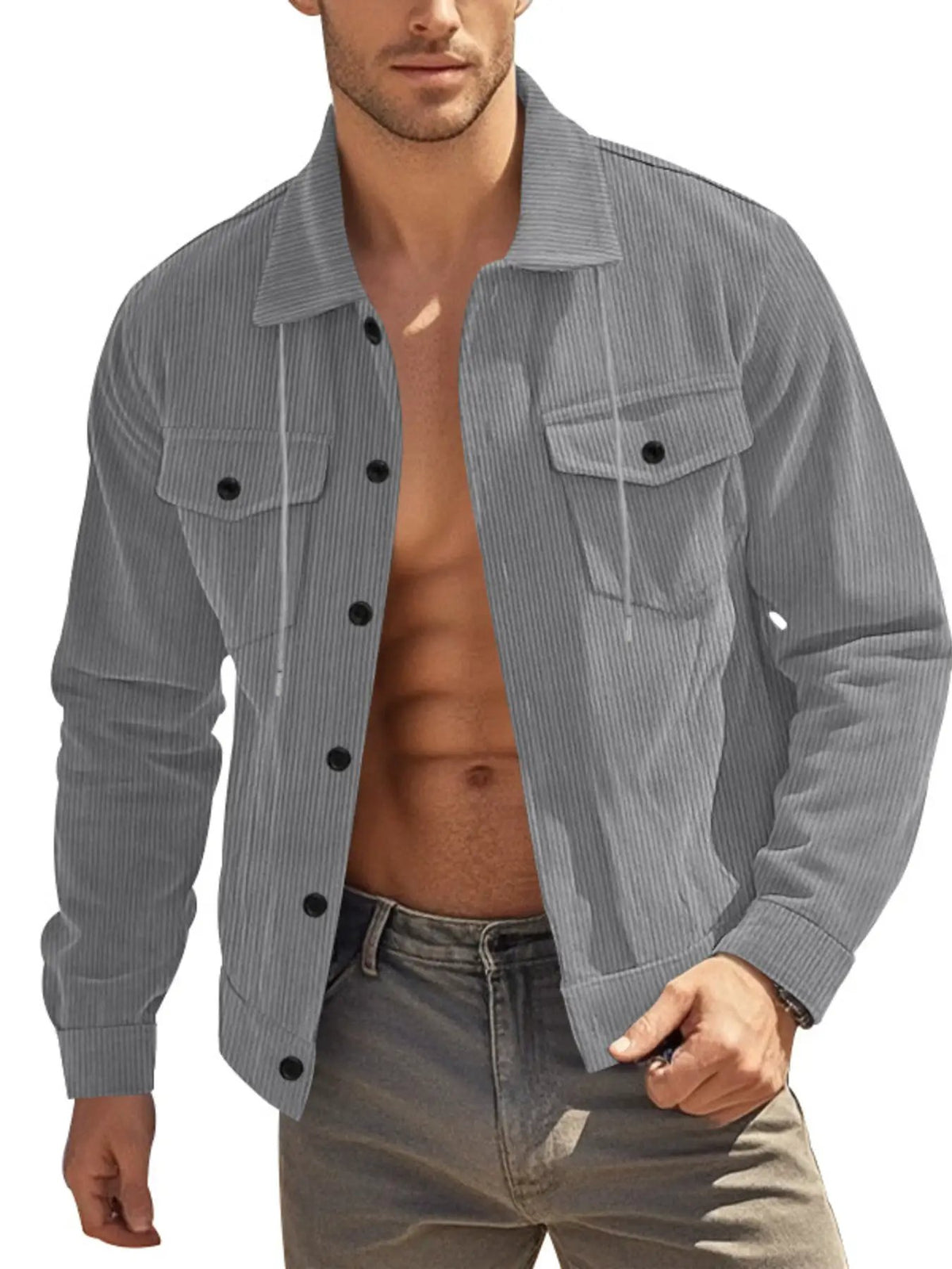 Men's full-size corduroy button-up casual jacket in gray plus size with front pockets