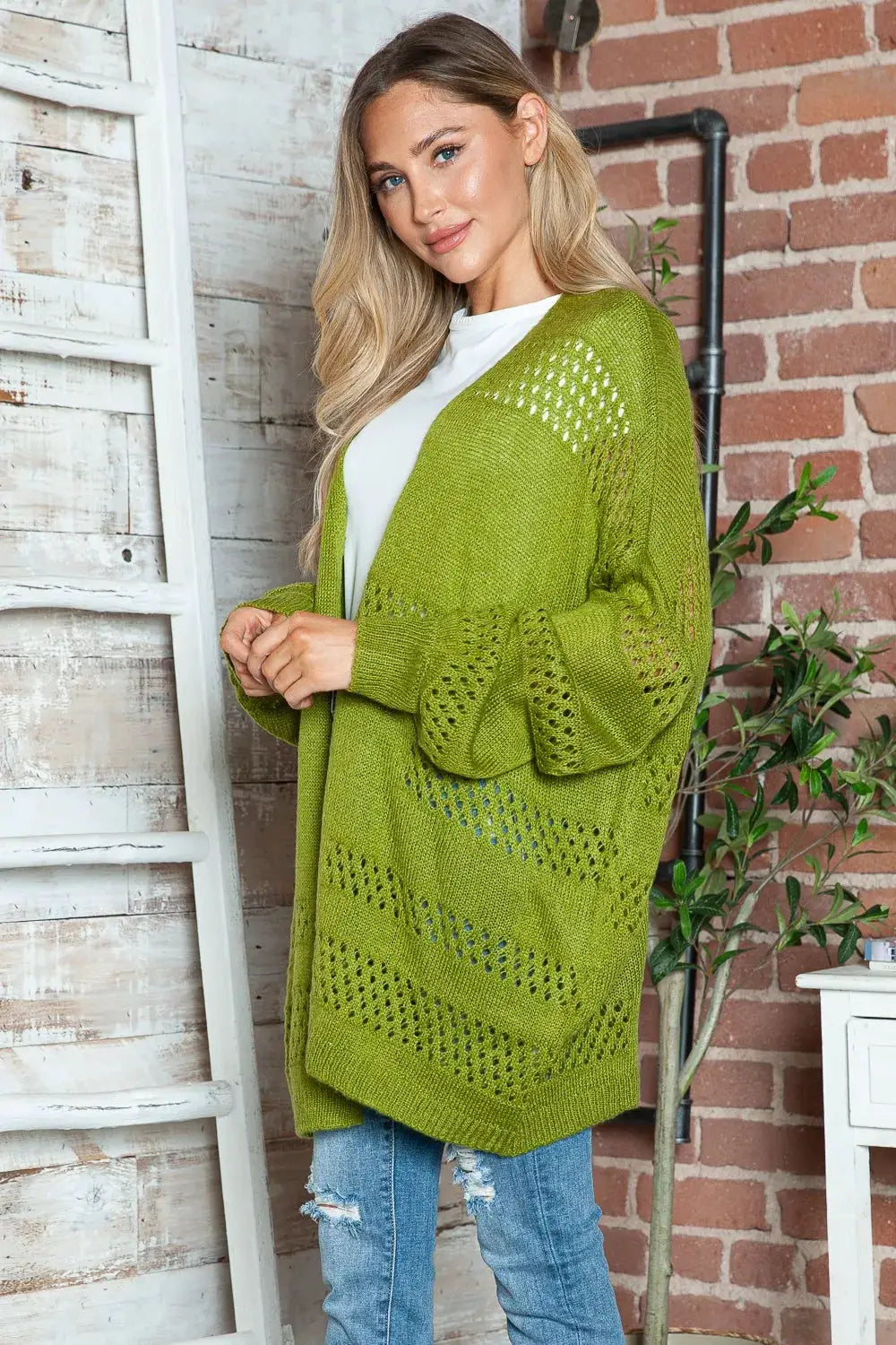 Open-front lime green openwork cardigan in stretchy acrylic knit with long sleeves