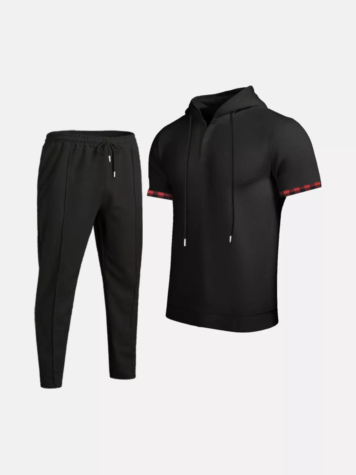Mens lightweight short-sleeve hoodie and pants lounge set, black with red plaid trim, plus size, Trendsi