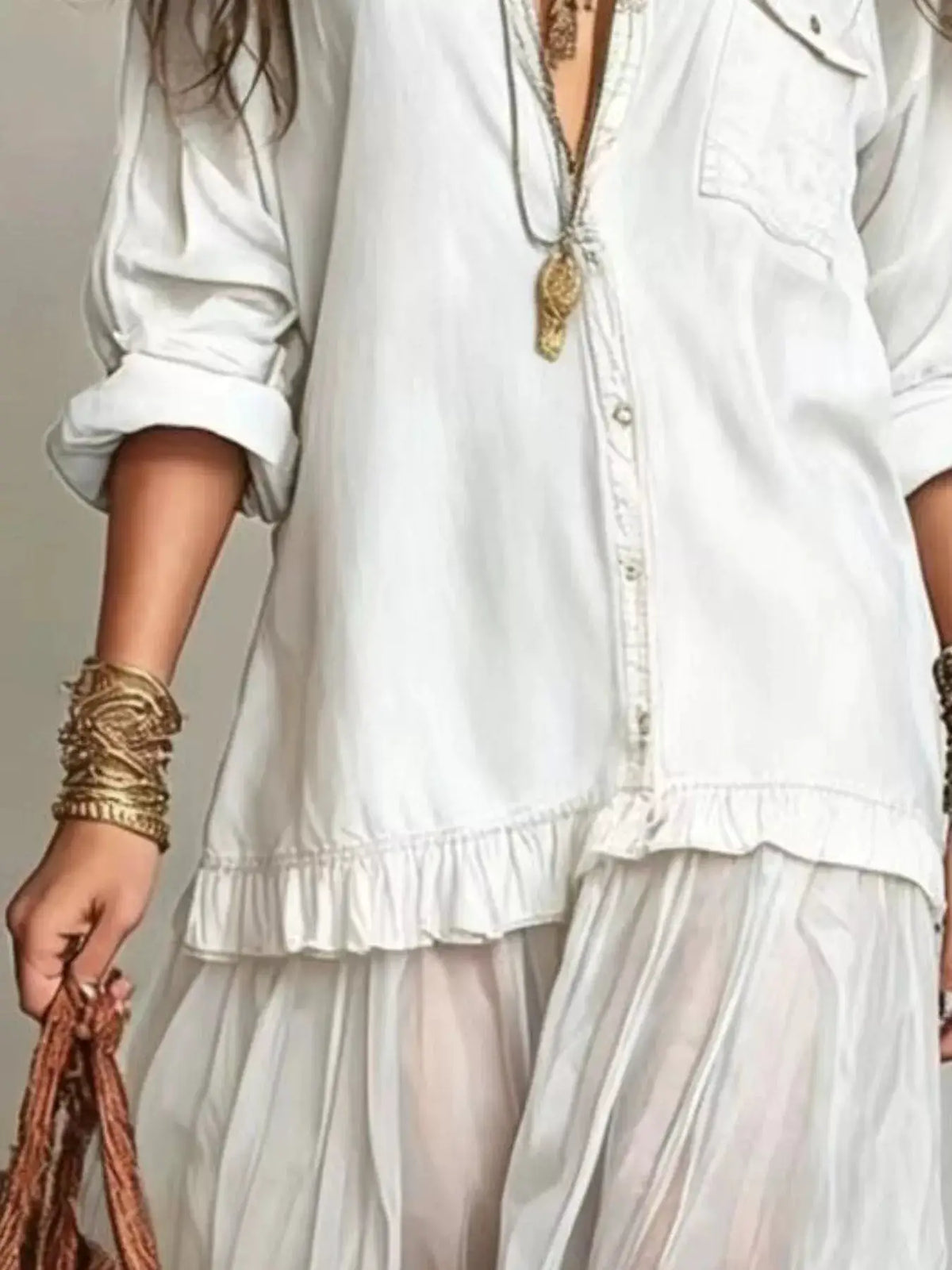 Plus-size white denim shirt maxi dress with long sleeves and tiered ruffle hem