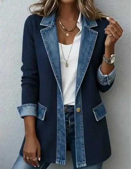Women's patchwork denim jacket with dark body and light denim trim, lightweight casual blazer