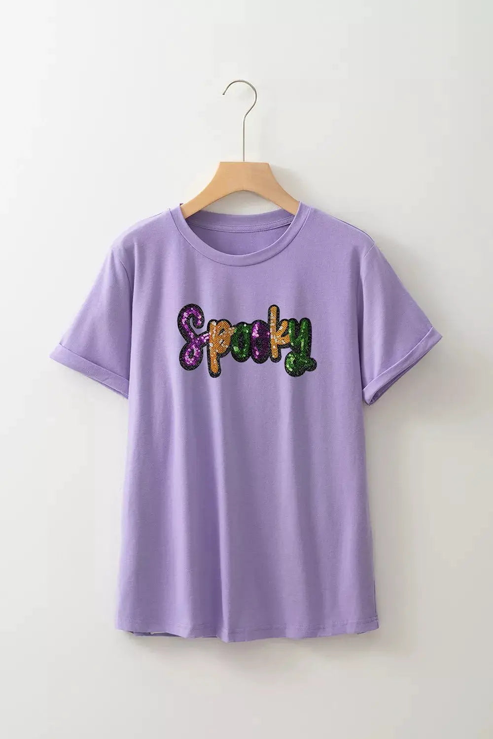 Spooky sequin-letter patched cotton-blend T-shirt in lavender, plus size