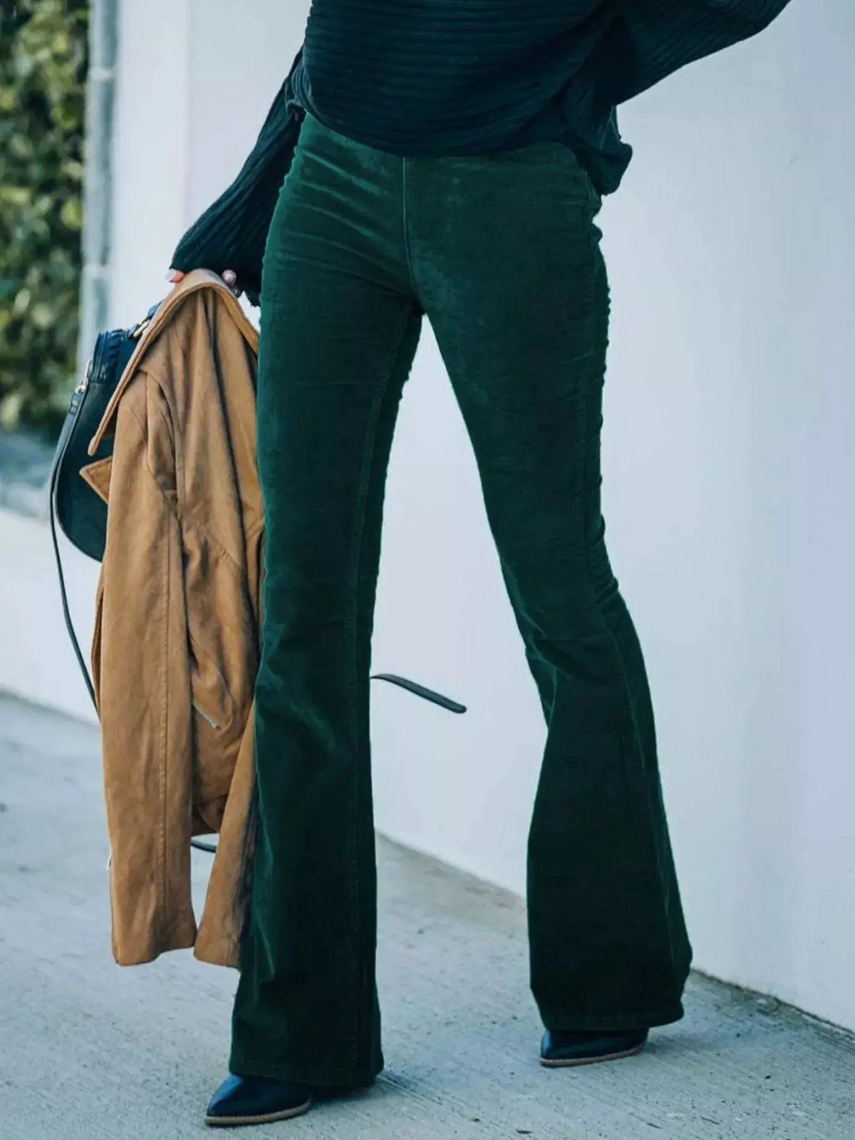 Full Size Corduroy Flare Pants by Trendsi, dark green, plus size