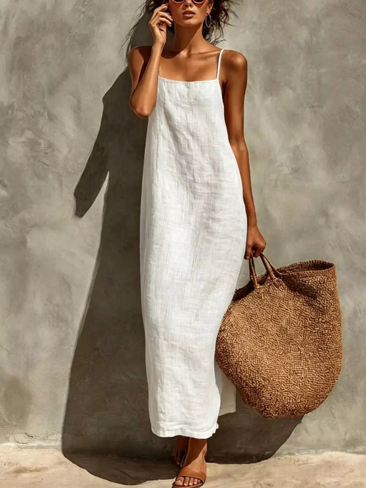 Sleeveless Linen Casual Maxi Dress by Trendsi in white with spaghetti straps