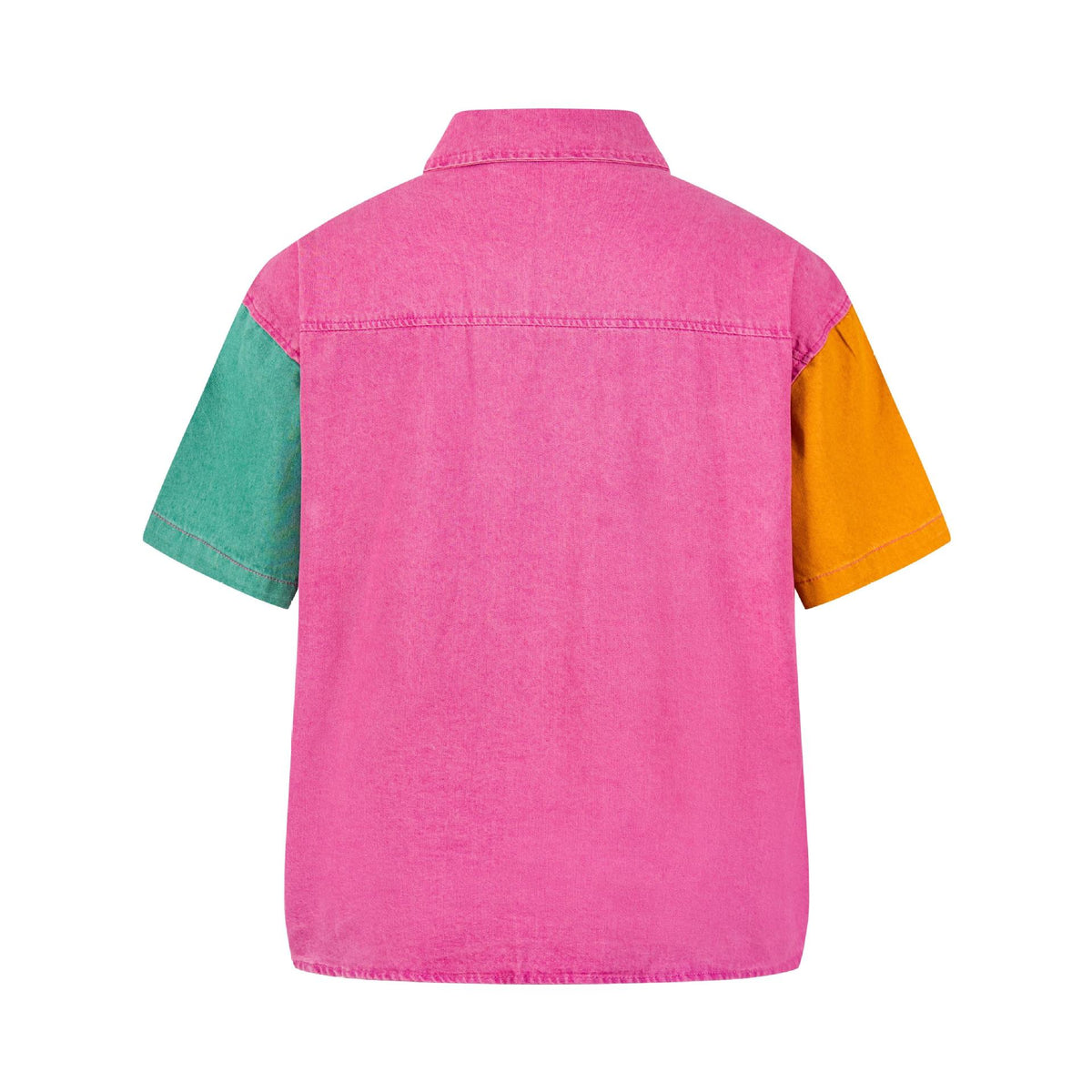 Patchwork pink short-sleeve T-shirt by eprolo with green and orange color-block sleeves