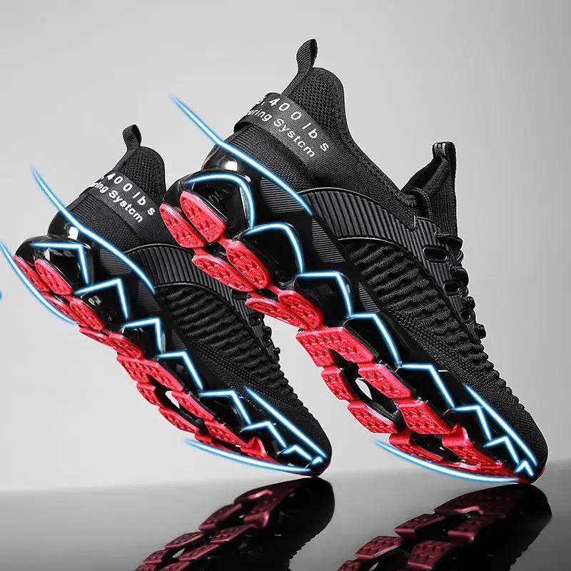 AdTec Blade Premium Mesh Running Shoes, black mesh uppers with blue lightning trim.