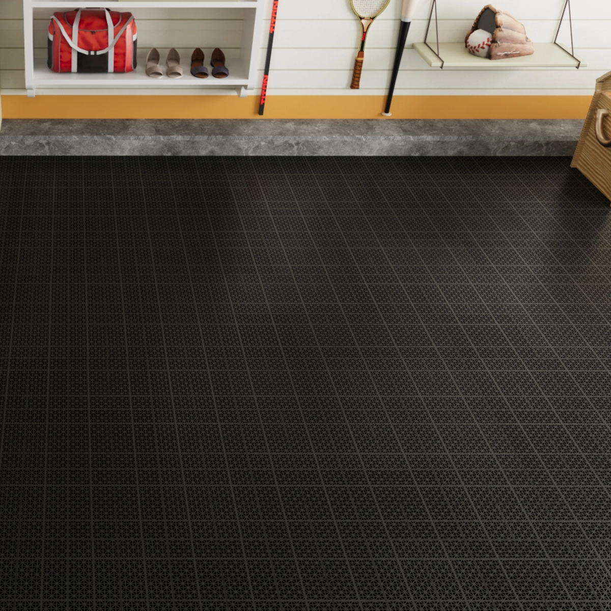 12 x 12 inch black interlocking deck tiles, plastic waterproof, weighing up to 6613 pounds, with a rose pattern pack of 12 by eprolo
