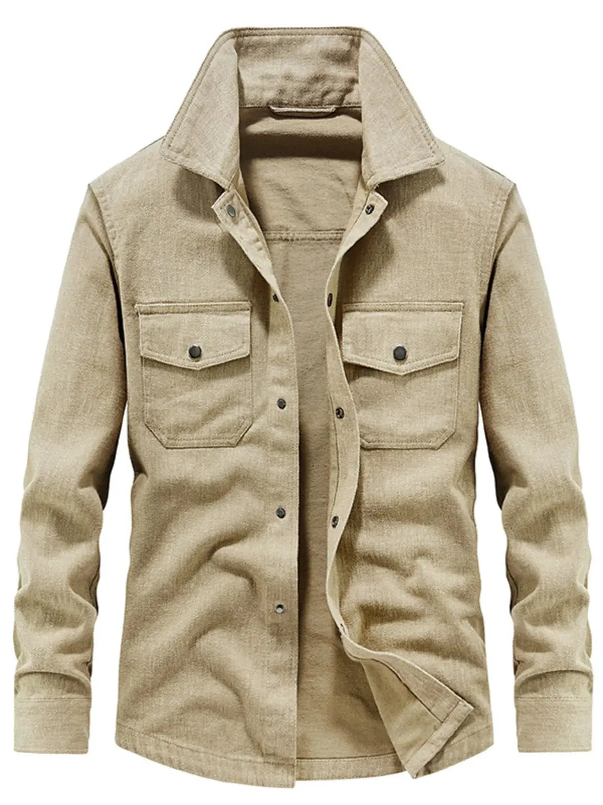 Men's Plus Size Dual Chest Pockets Shacket in beige with two chest pockets and snap buttons