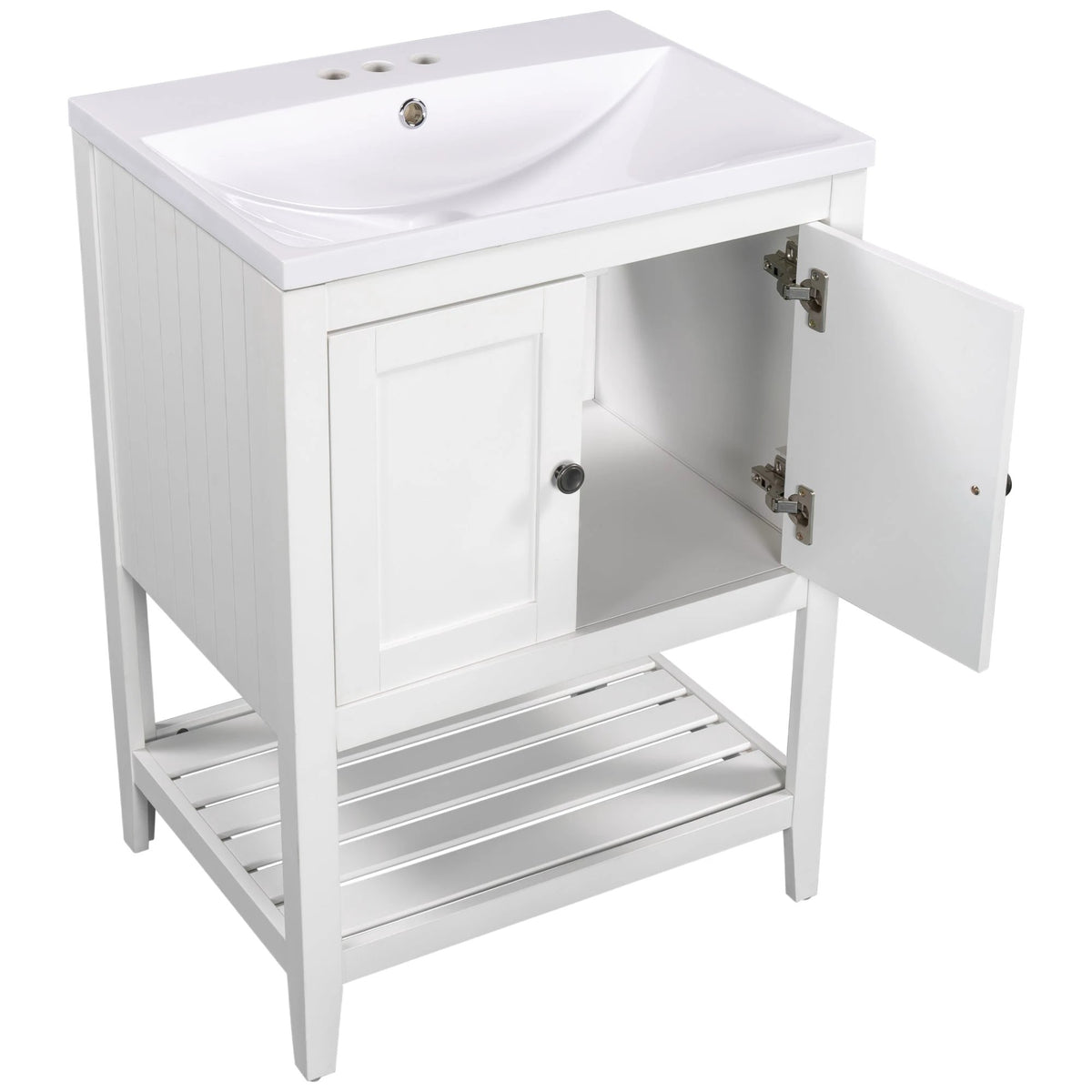 24" White Modern Sleek Bathroom Vanity Elegant Ceramic Sink with Solid Wood Frame Open Style Shelf by eprolo