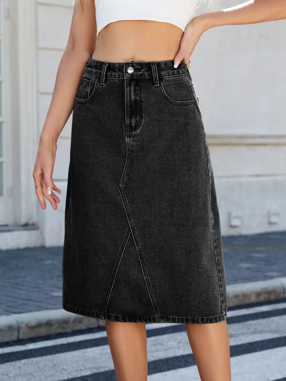 Slit Back Midi Denim Skirt by eprolo in knee-length black.