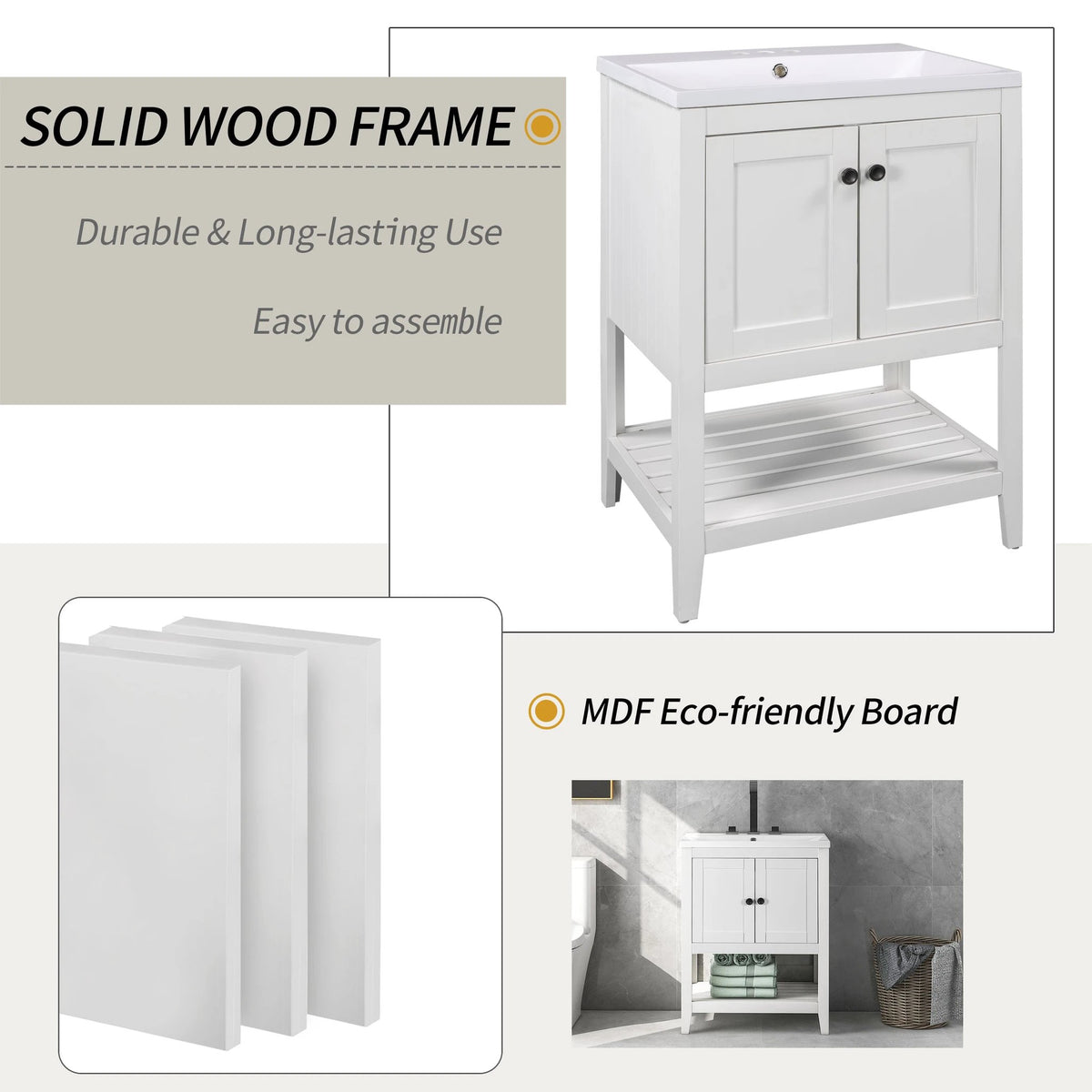 24" Bathroom Vanity Base Only, Soild Wood Frame, Bathroom Storage Cabinet by eprolo
