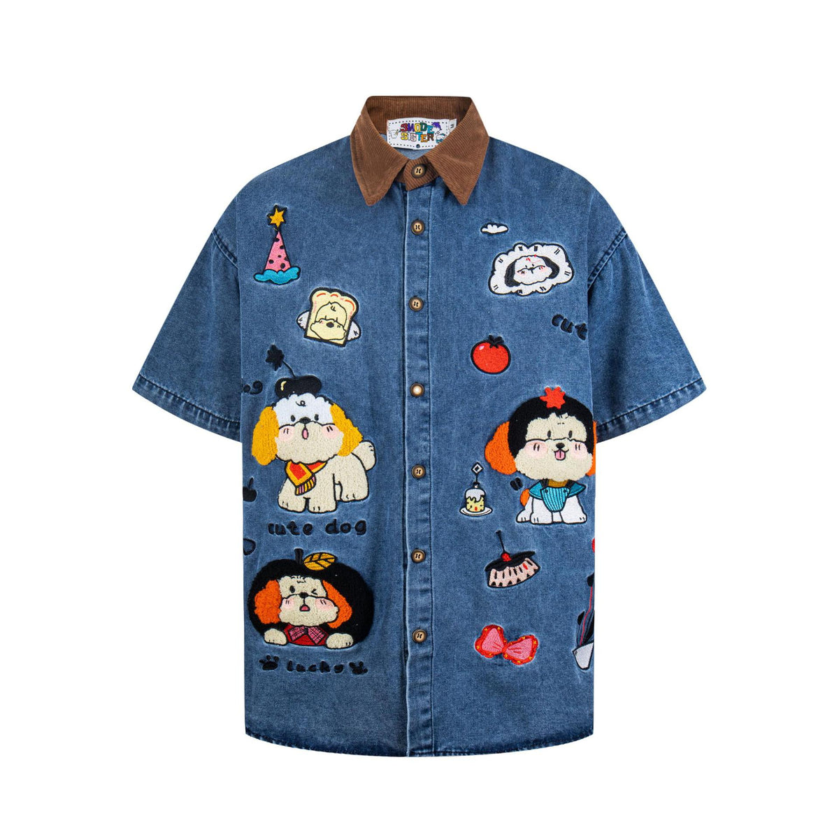 Cute dog embroidered denim short-sleeve shirt with brown corduroy collar, by eprolo