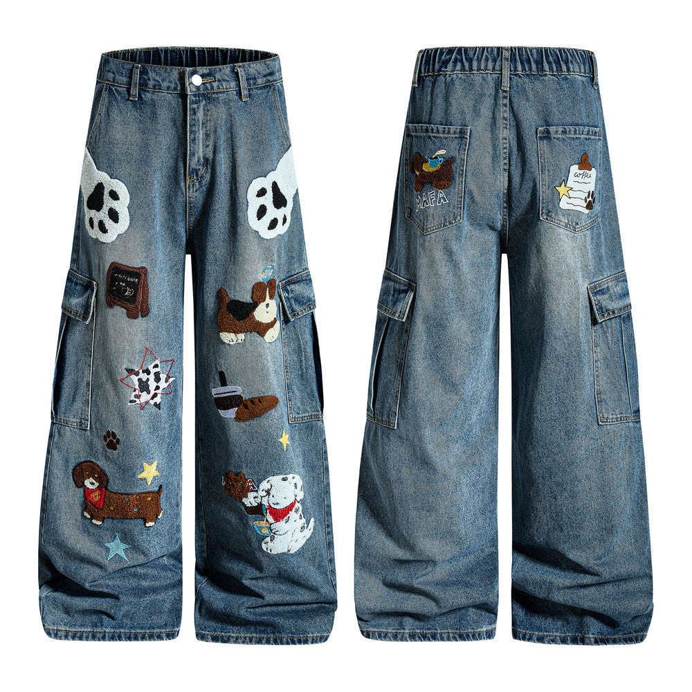 Embroidered denim workwear pants by eprolo; blue faded denim with playful patches and cargo pockets