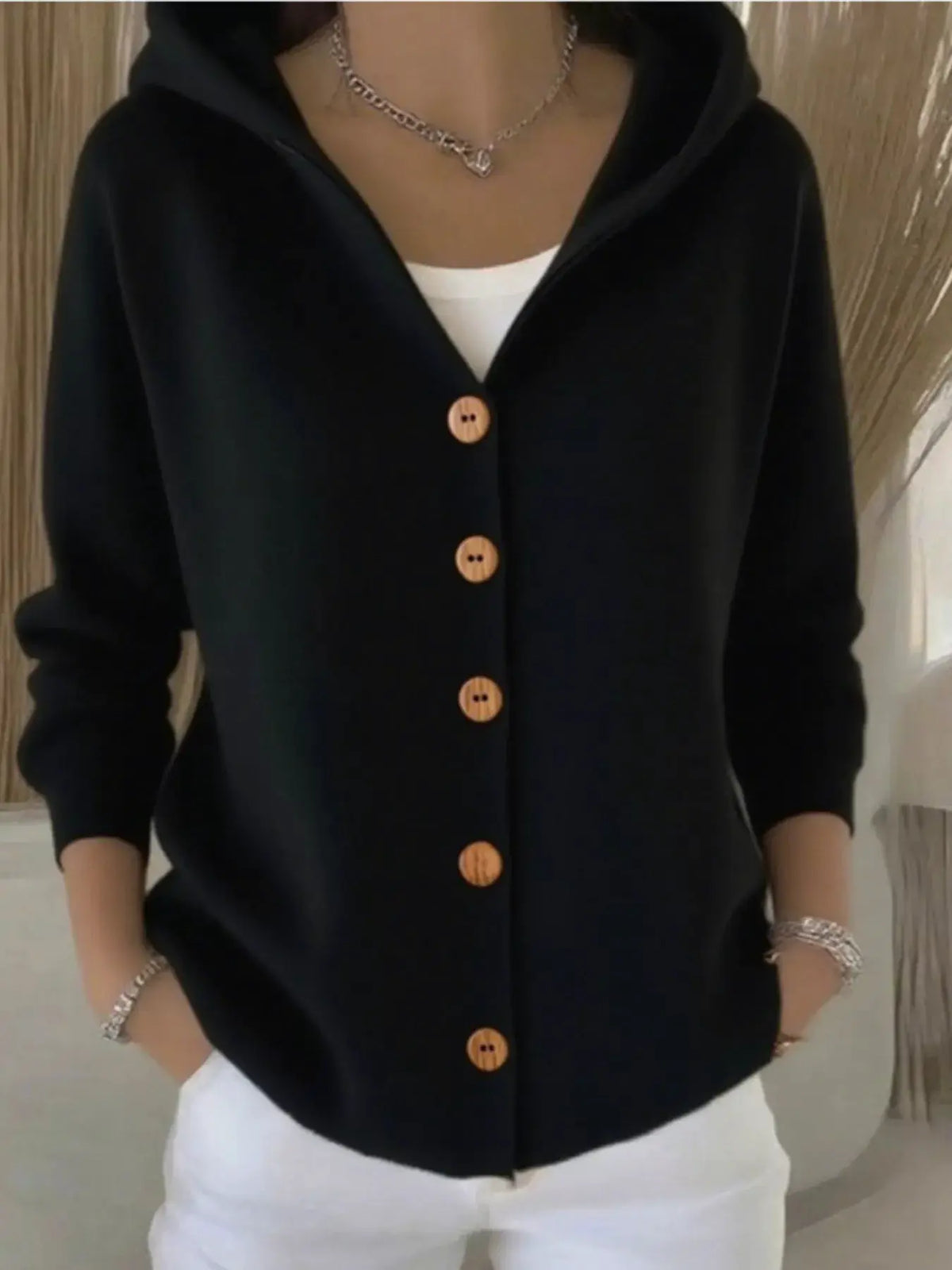 Plus Size Hooded Button Front Soft Knit Cardigan for Women in black with wooden buttons by Trendsi