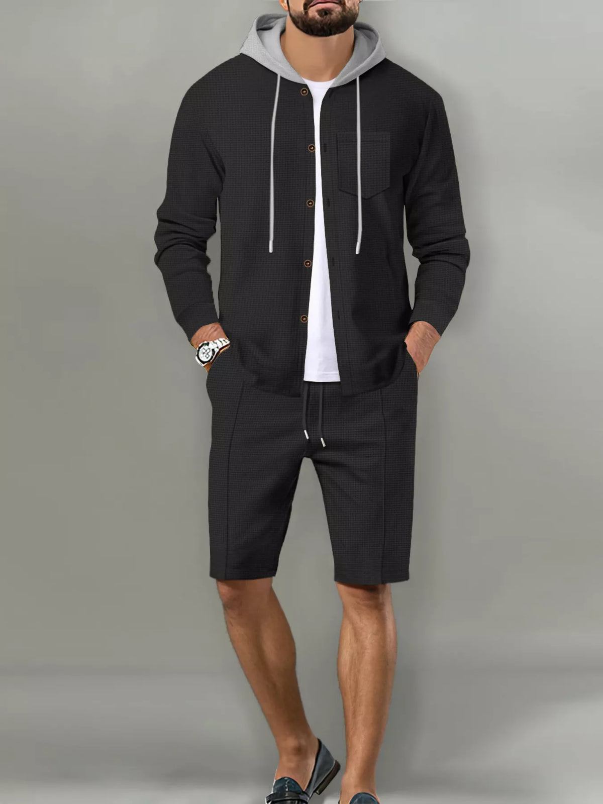 Trendsi men's plus-size two-piece casual hooded button-up top and shorts set in black textured fabric with gray hood