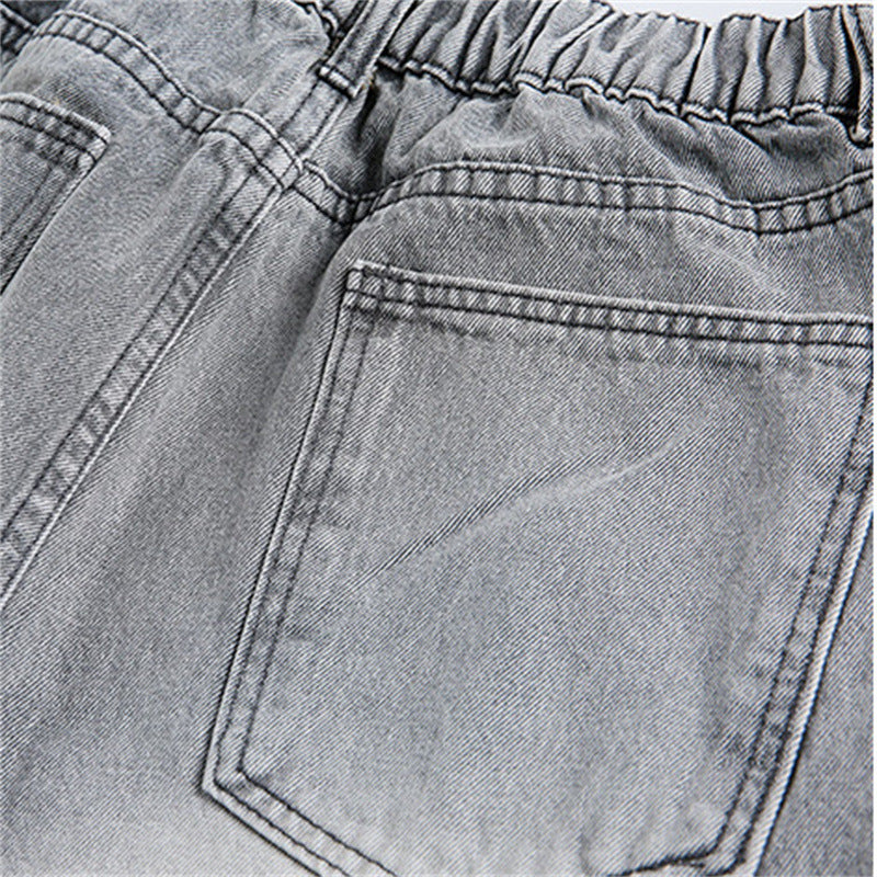 Make vintage washed denim cropped pants, eprolo jeans with back pocket and elastic waistband
