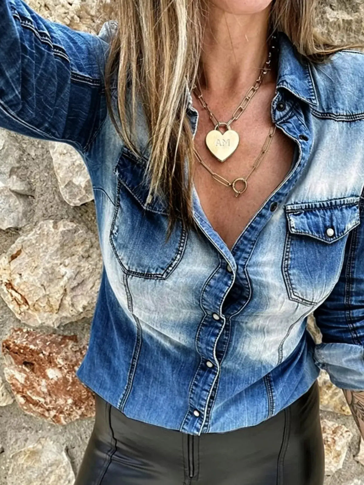 Vintage washed denim button-up shirt, relaxed fit, blue