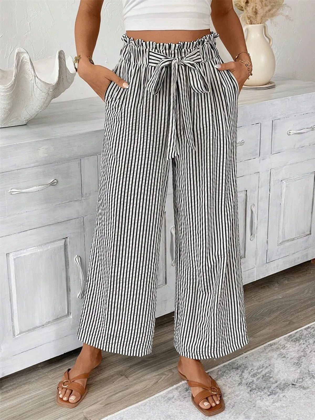 Palazzo pants plus-size striped paper bag waist with pockets and tie belt