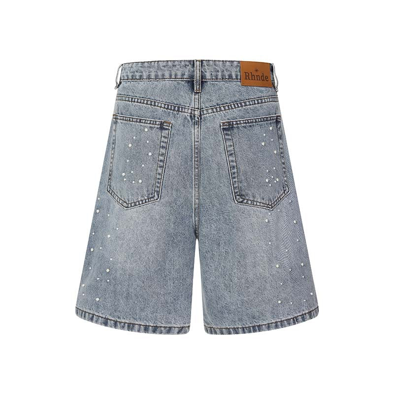 Handmade beaded washed denim shorts, blue denim with pearl bead accents and back pockets, by eprolo