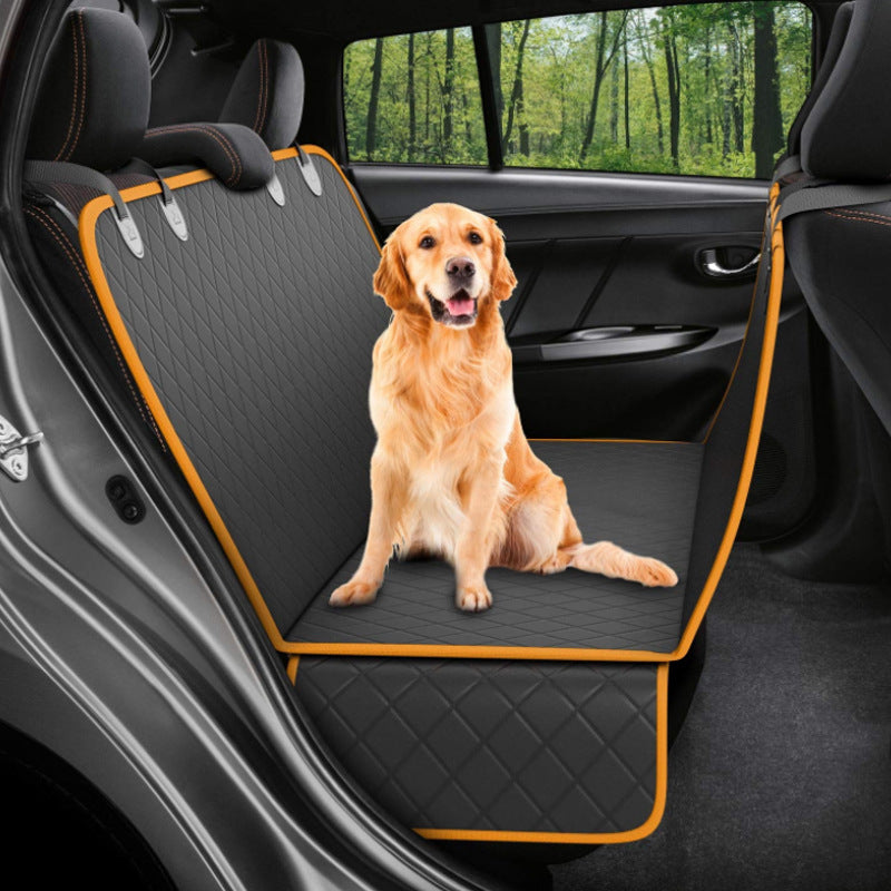 Dog car seat cover hammock for rear seats, gray quilted mat with orange trim; protects interior during travel