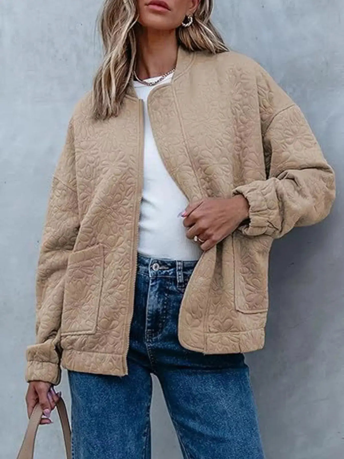 Quilted beige jacket with floral pattern, lightweight zip-up for daily wear