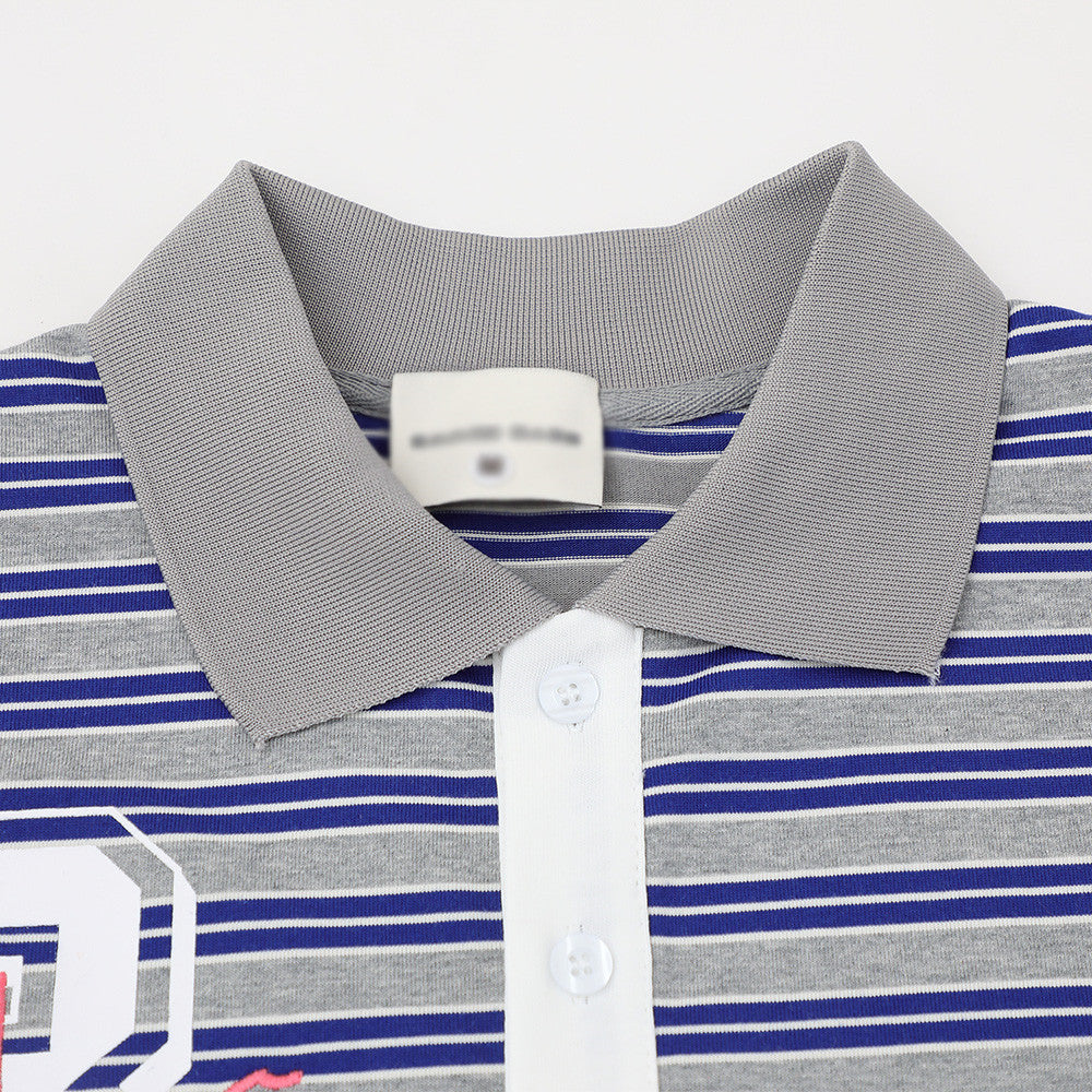 Striped short-sleeve polo shirt with gray collar and white placket, blue and gray horizontal stripes.