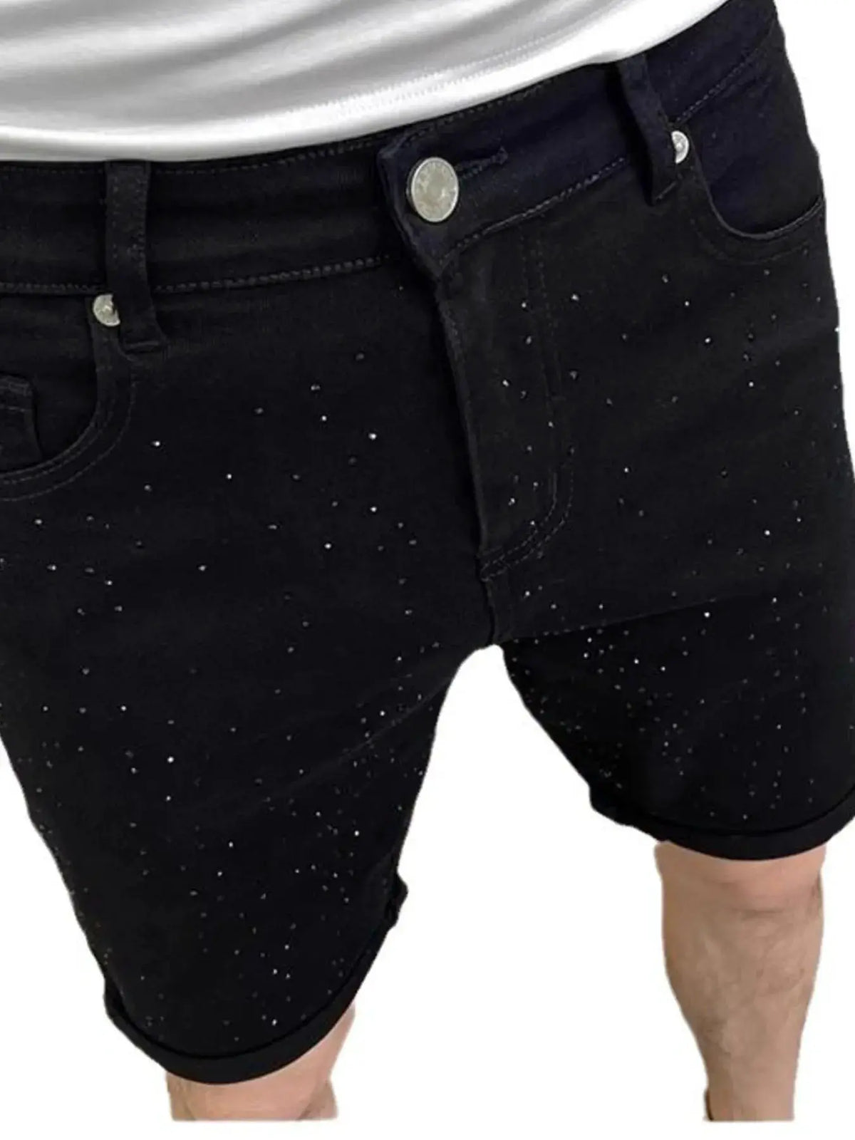 Men's comfortable cotton-stretch denim shorts with pockets, black with white speckles.