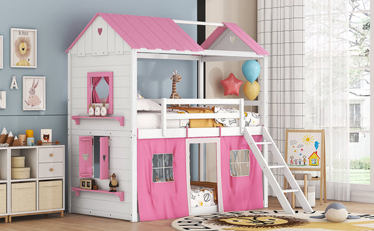 Cama de literas de madera individual con elegantes ventanas, alféizares y tienda de campaña, rosa + blanco