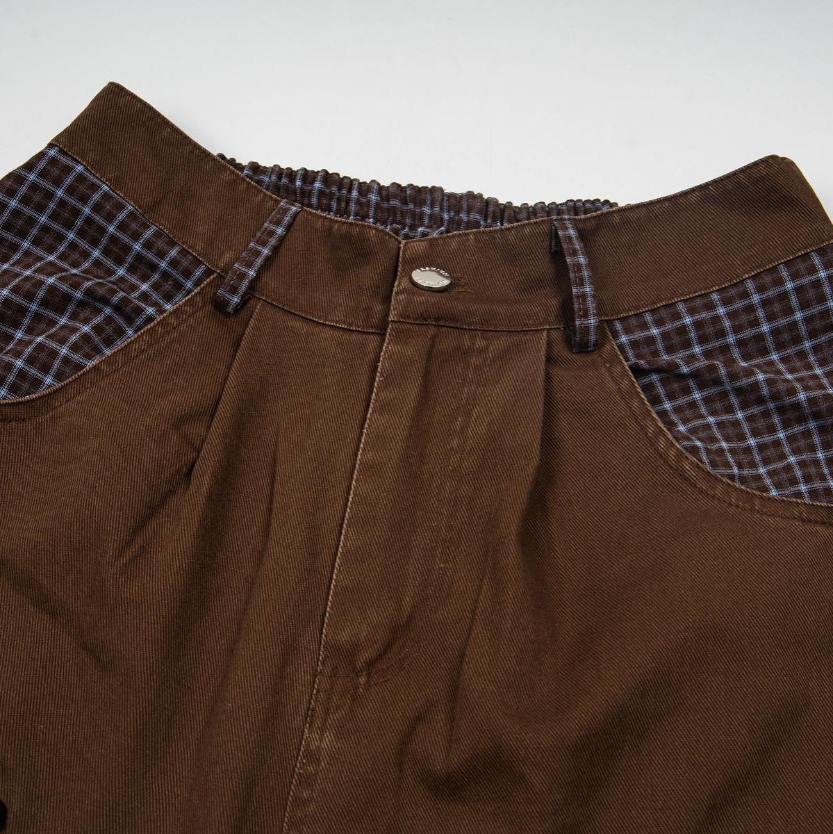 Cat Embroidered Jeans, brown denim with blue plaid waistband lining and metal button