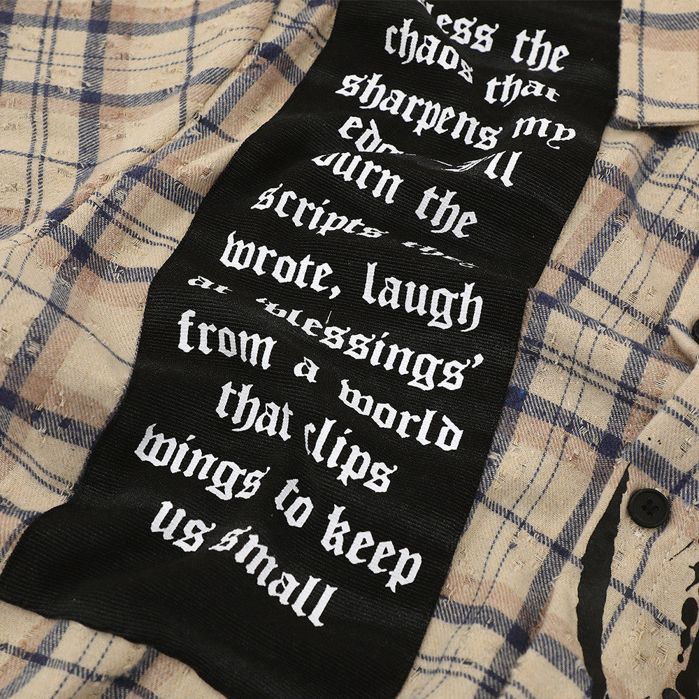 Shirt: beige plaid color-blocked short-sleeve with lining, black label with white gothic script