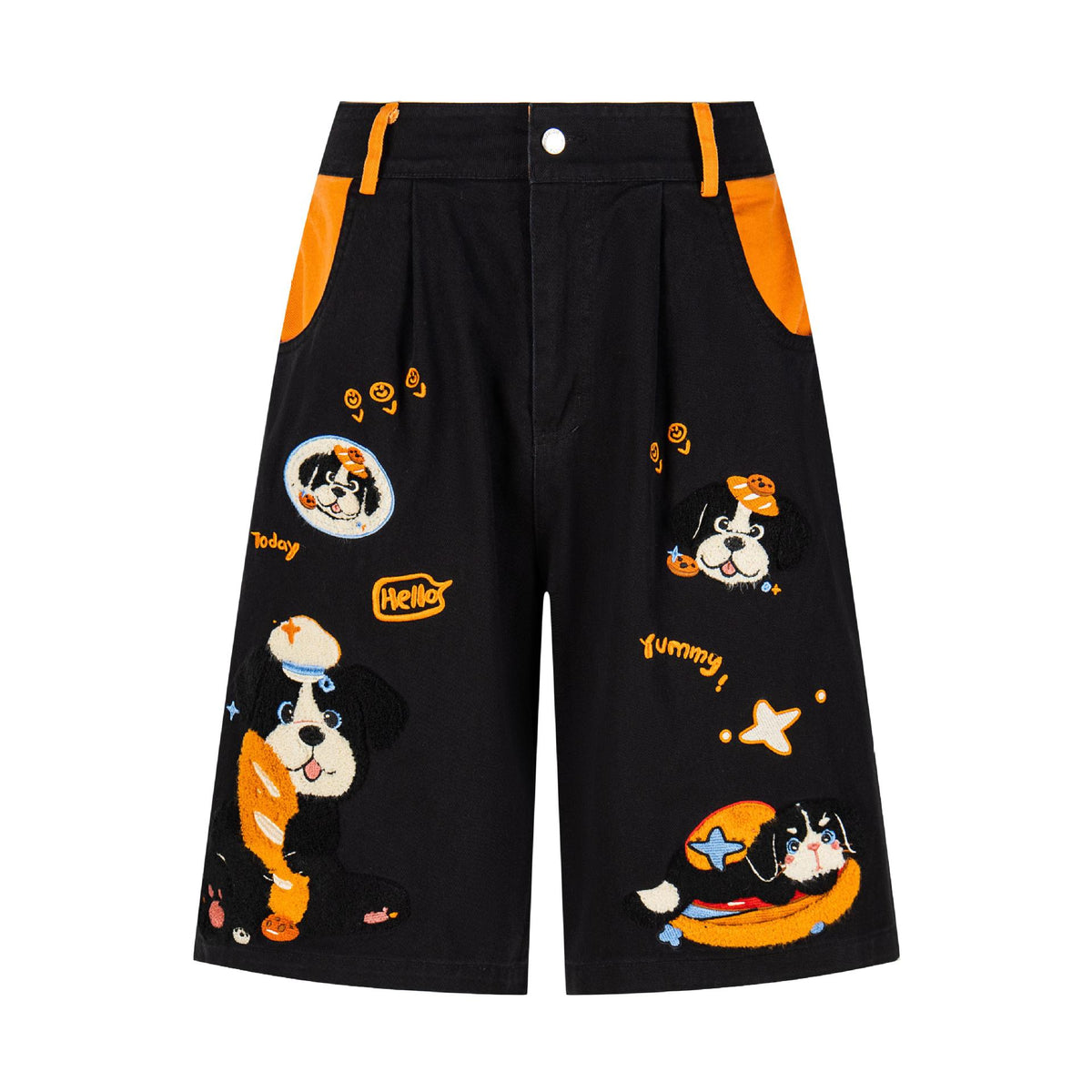 Cartoon puppy embroidered wide-leg black jeans with orange trim and playful patches