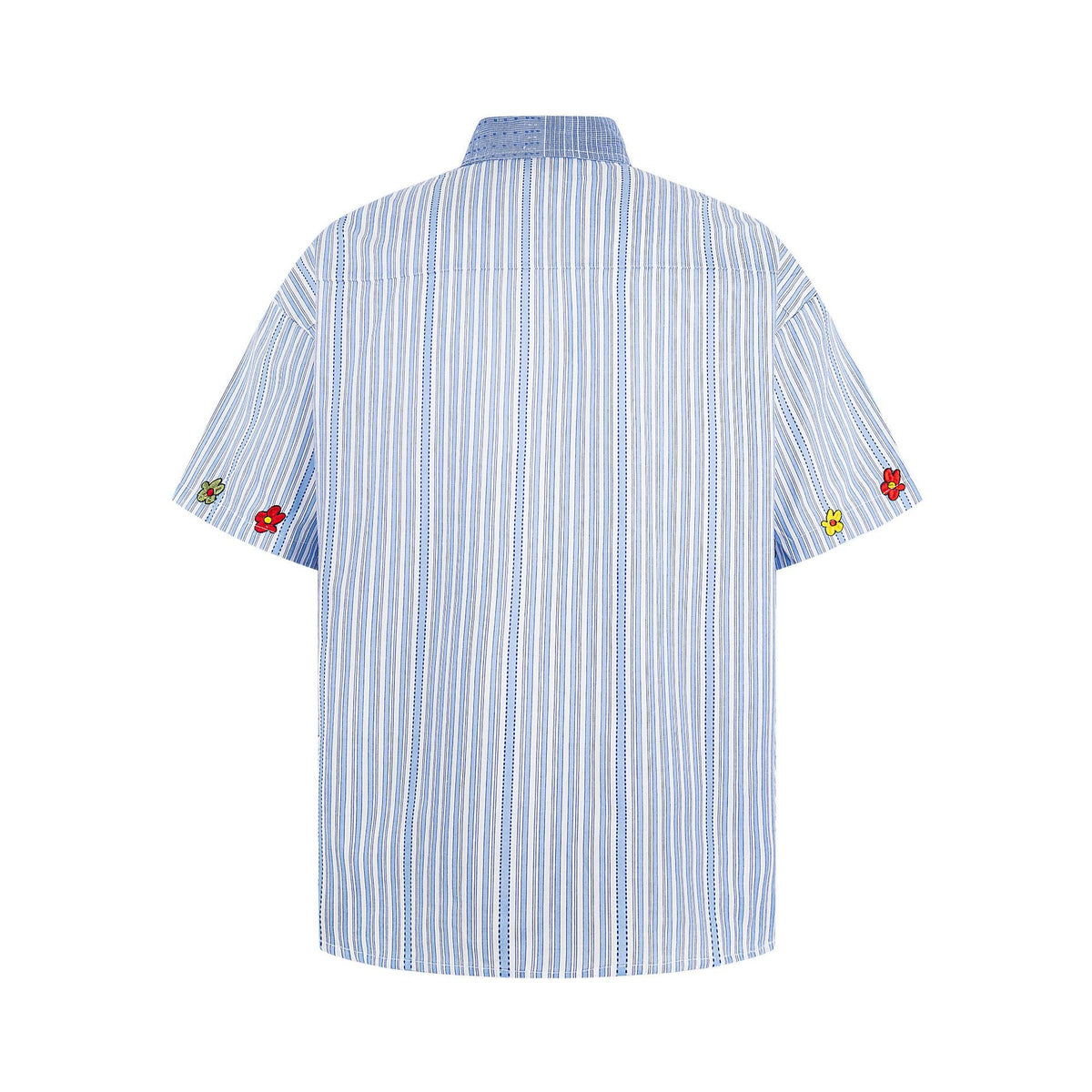 Rabbit Embroidered Short Sleeve Shirt with blue and white stripes and colorful floral embroidery on the sleeves