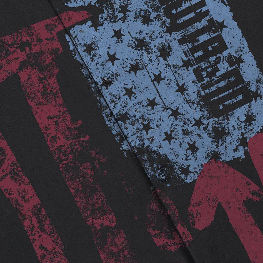 eprolo color-block graffiti printed short-sleeve shirt with distressed red and blue flag motif