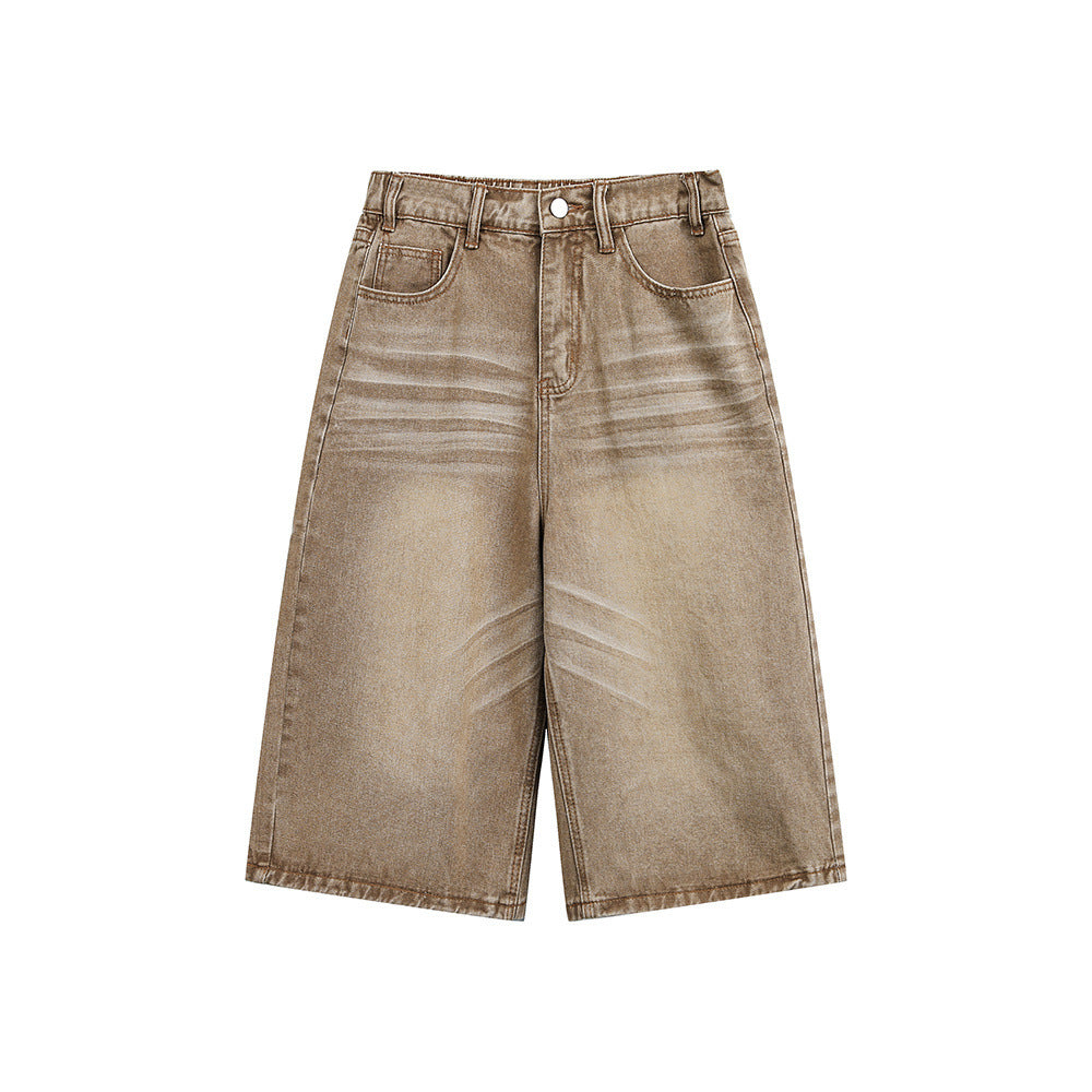 eprolo vintage washed denim cropped pants in beige