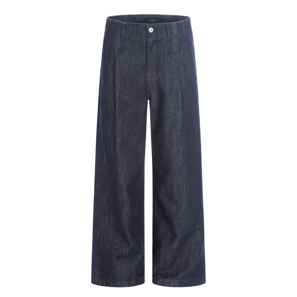 Wide leg denim pants in dark blue, street fashion style