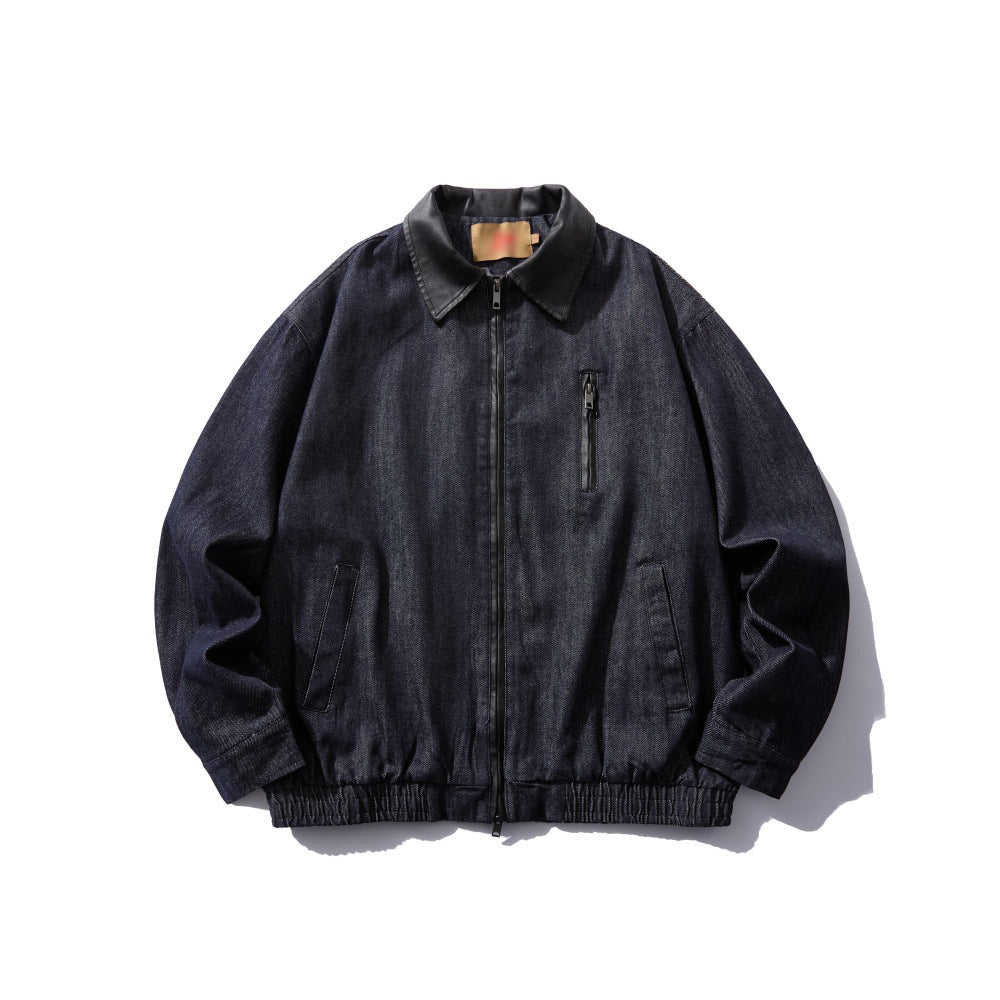 Denim jacket by eprolo, streetwear-style dark indigo with zip front, chest zip pocket and side pockets.