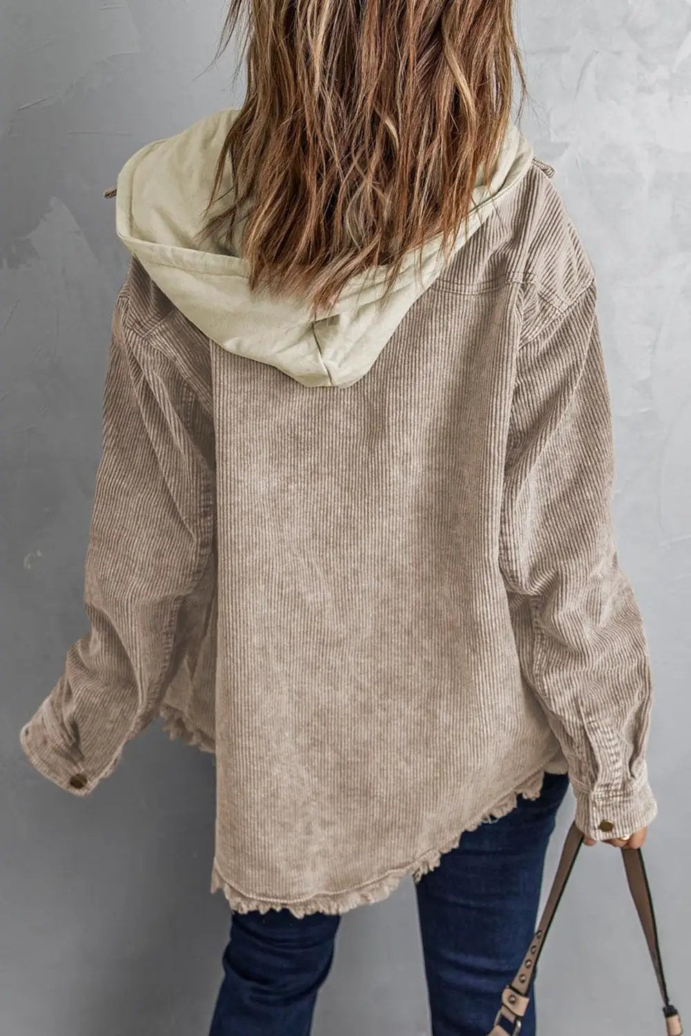Snap-front hooded corduroy shacket by Trendsi; taupe body with beige hood.