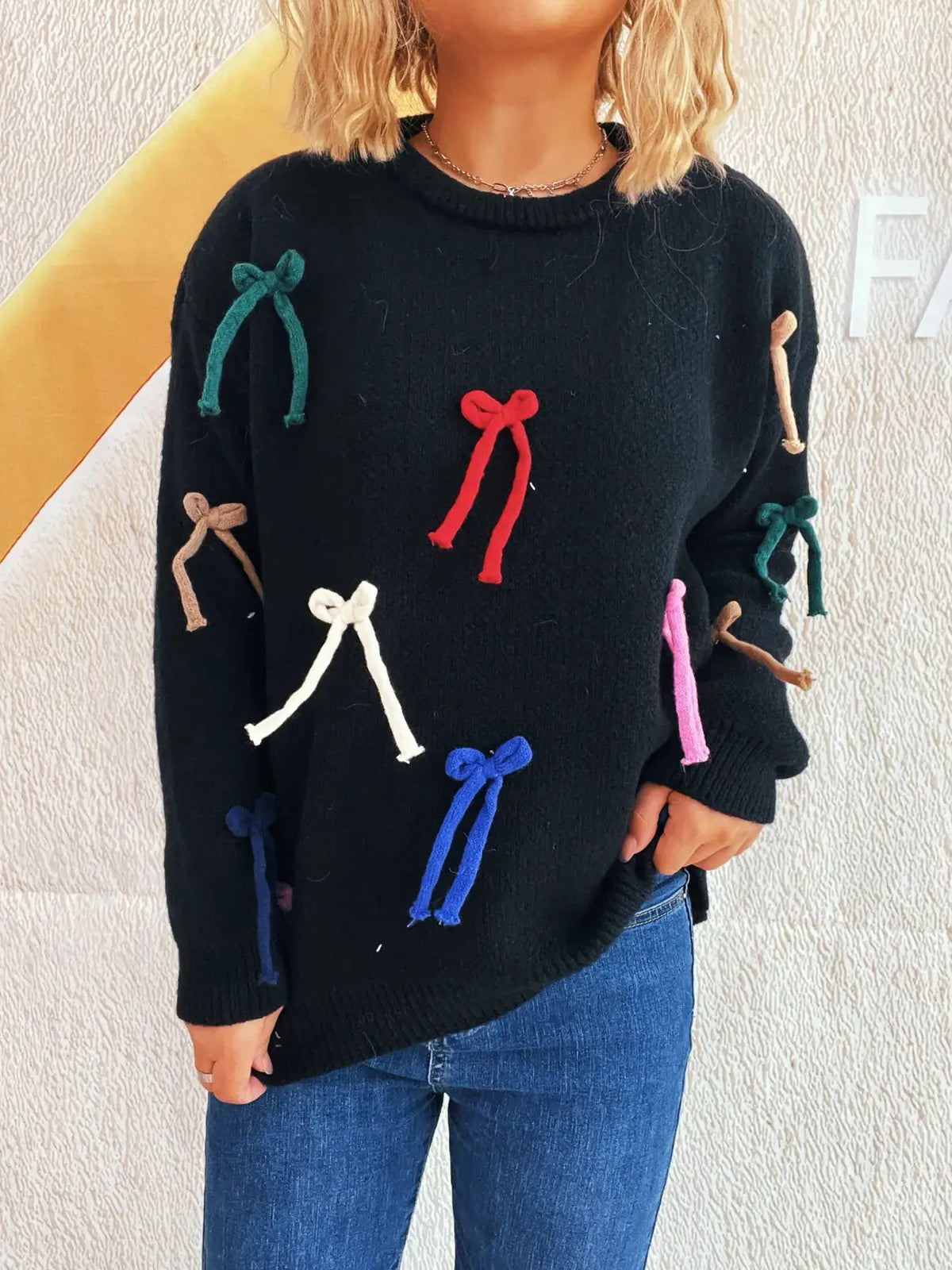 Vibrant Bow Accent Round Neck Sweater for Women black pullover with multicolor bow accents