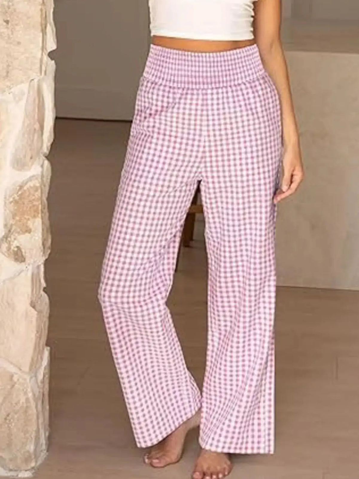Gingham Wide-Leg Pants by Trendsi, pink-and-white check pattern