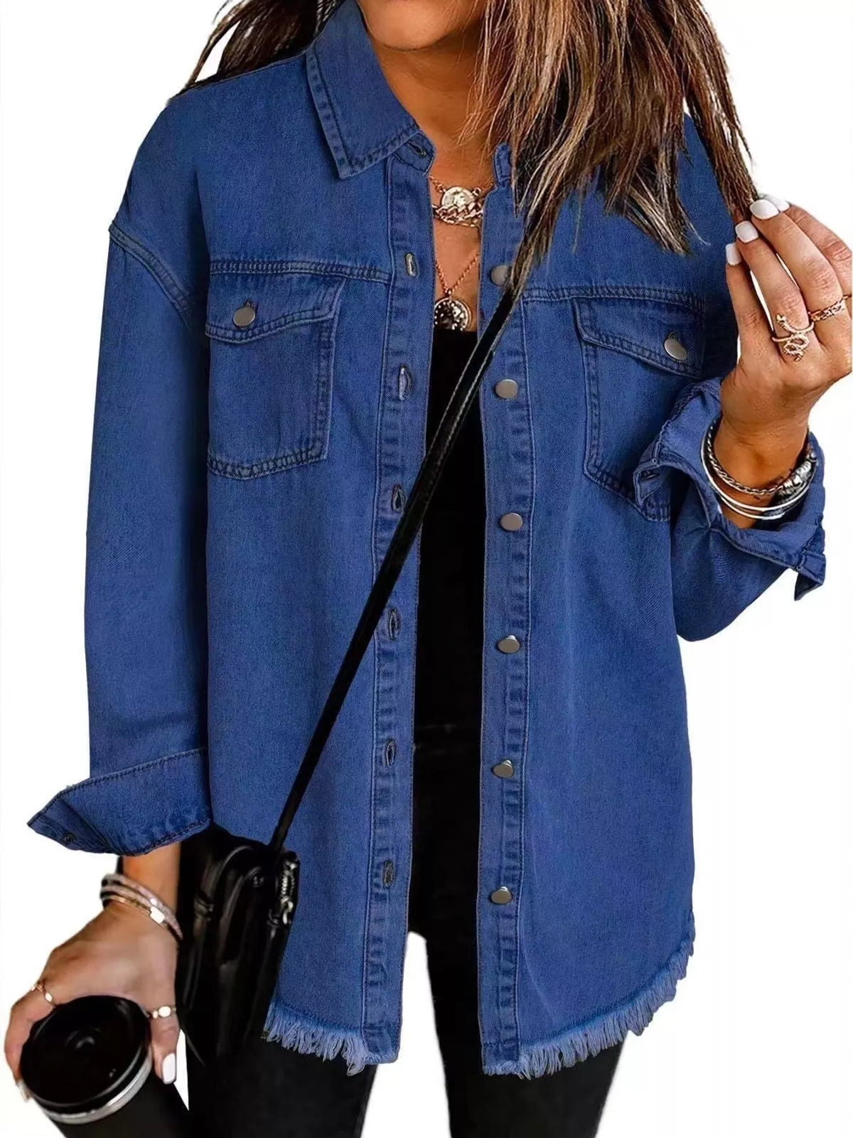 Trendsi Classic Frayed Hem Button Up Denim Jacket, blue denim trucker style with side pockets