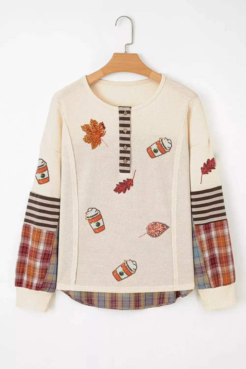 Sequin Autumn Leaf & Coffee Cup Waffle Knit Top by Trendsi, cream with plaid patch sleeves and button placket