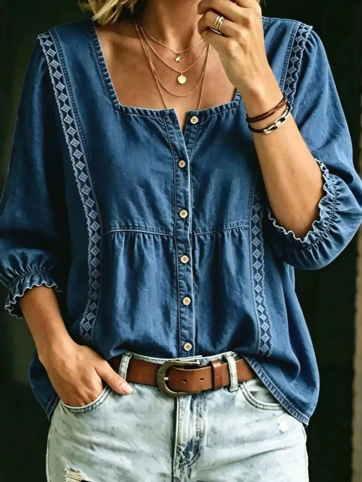 Plus size square-neck denim shirt with button-down front and ruffle trim, blue denim, Trendsi