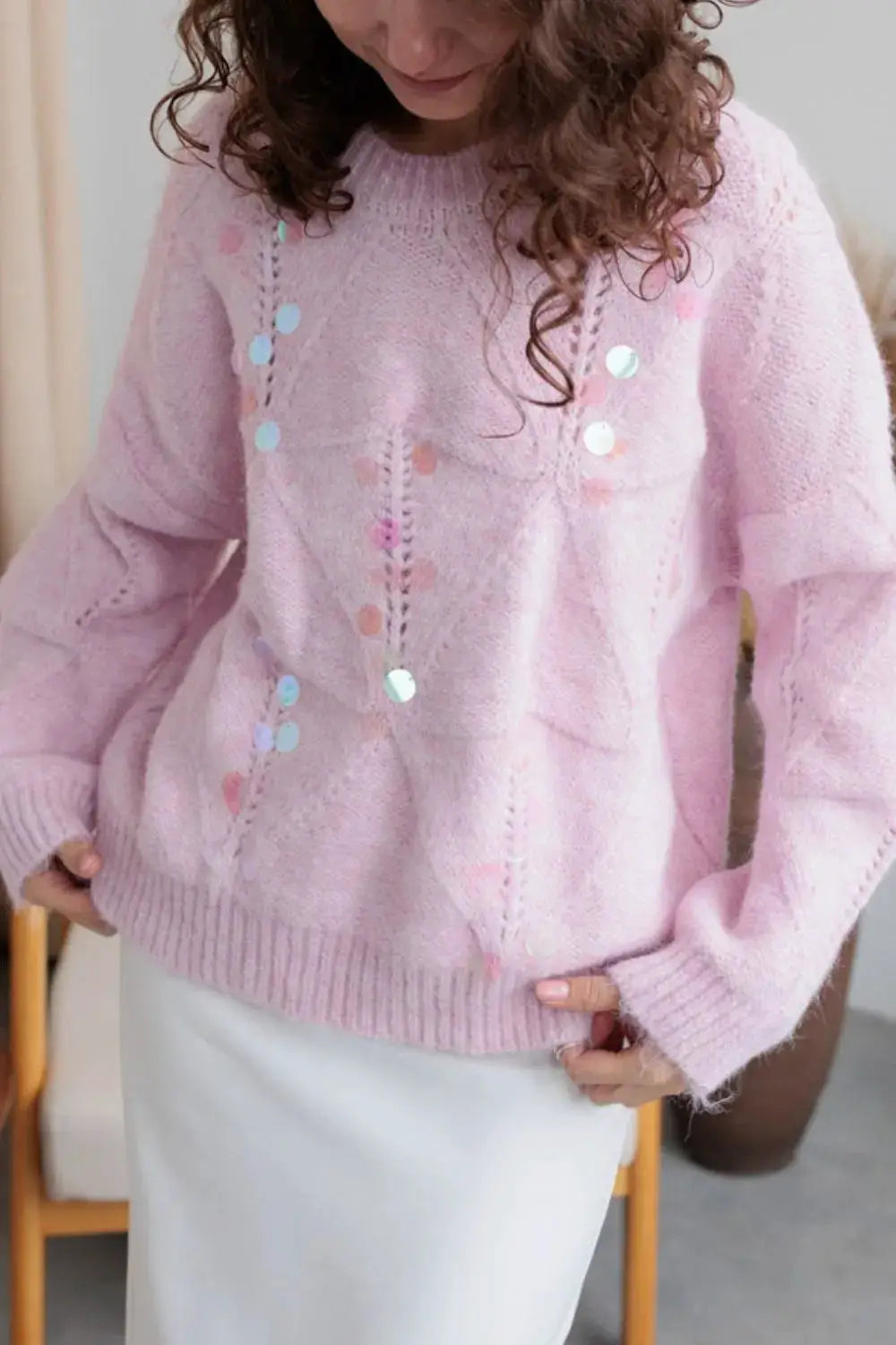 Shimmering Sequin Round Neck Long Sleeve Holiday Sweater by Trendsi in pale pink fuzzy knit with iridescent sequins
