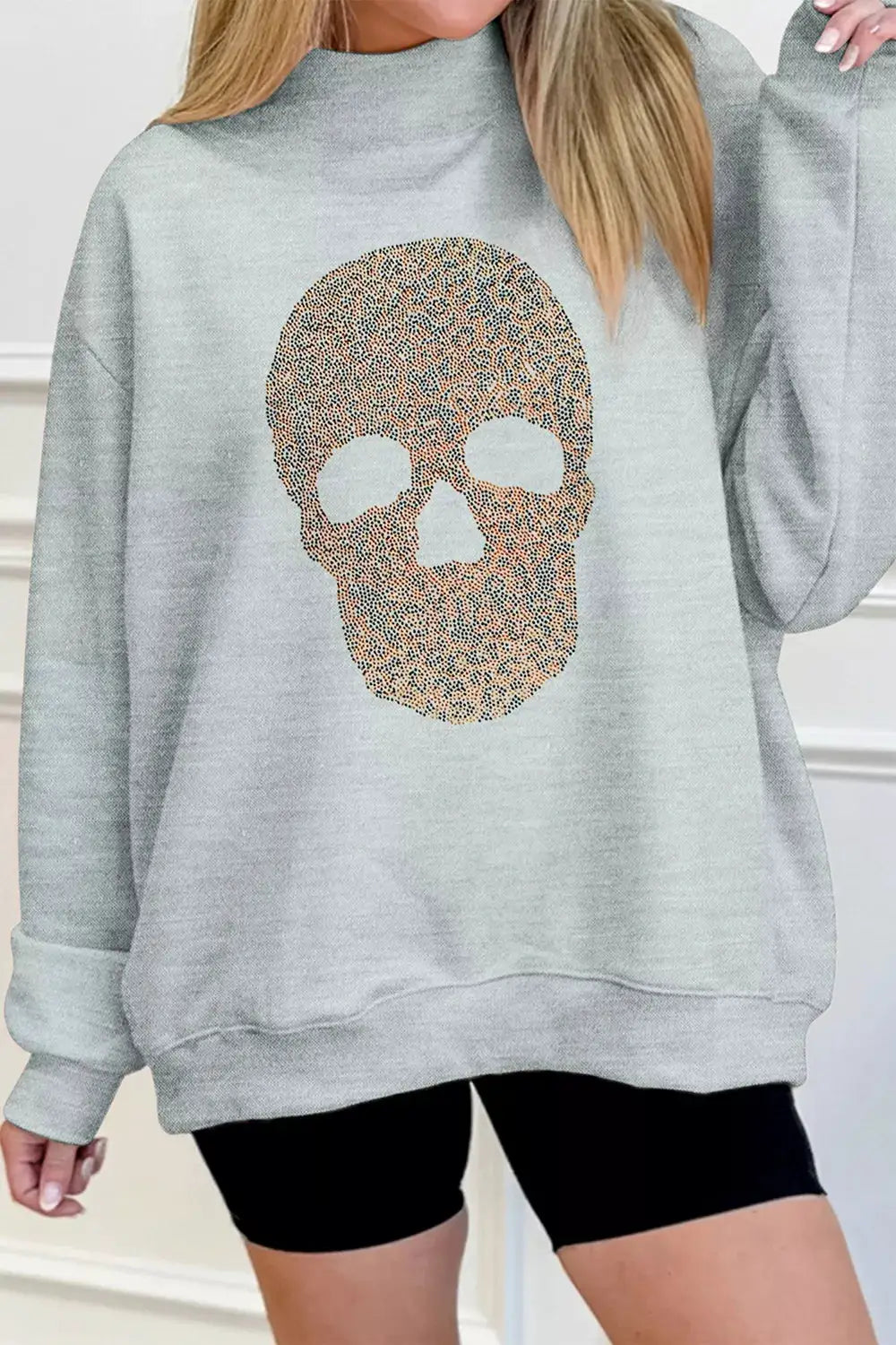 Halloween rhinestone skull graphic mock neck baggy pullover sweatshirt in gray