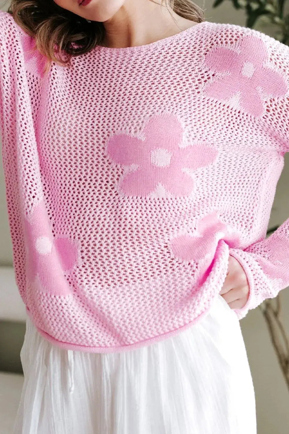 Lightweight pink openwork floral knit cover-up top, round neck.