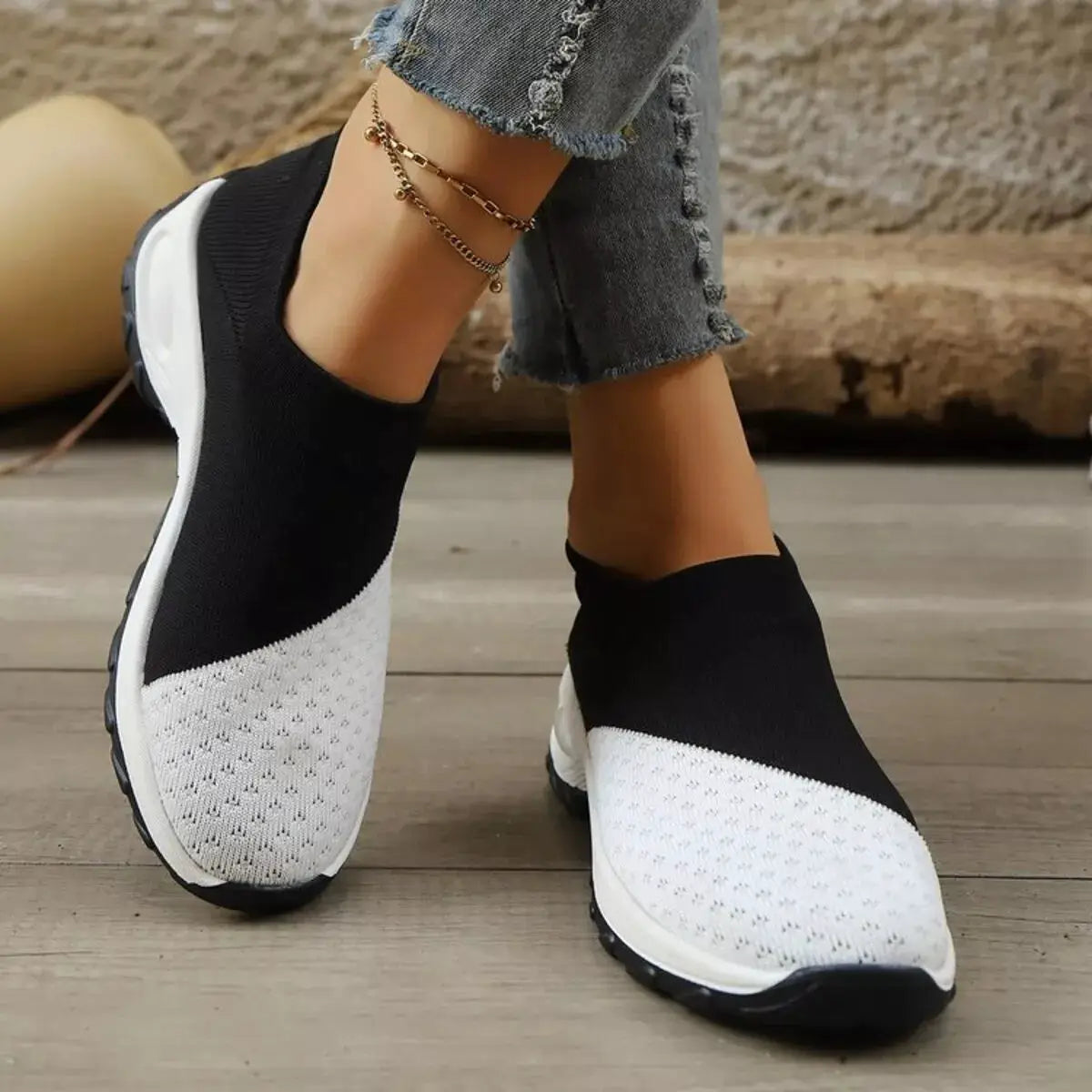 Color Block Mesh Athletic Shoes by Trendsi, black and white slip-on flats